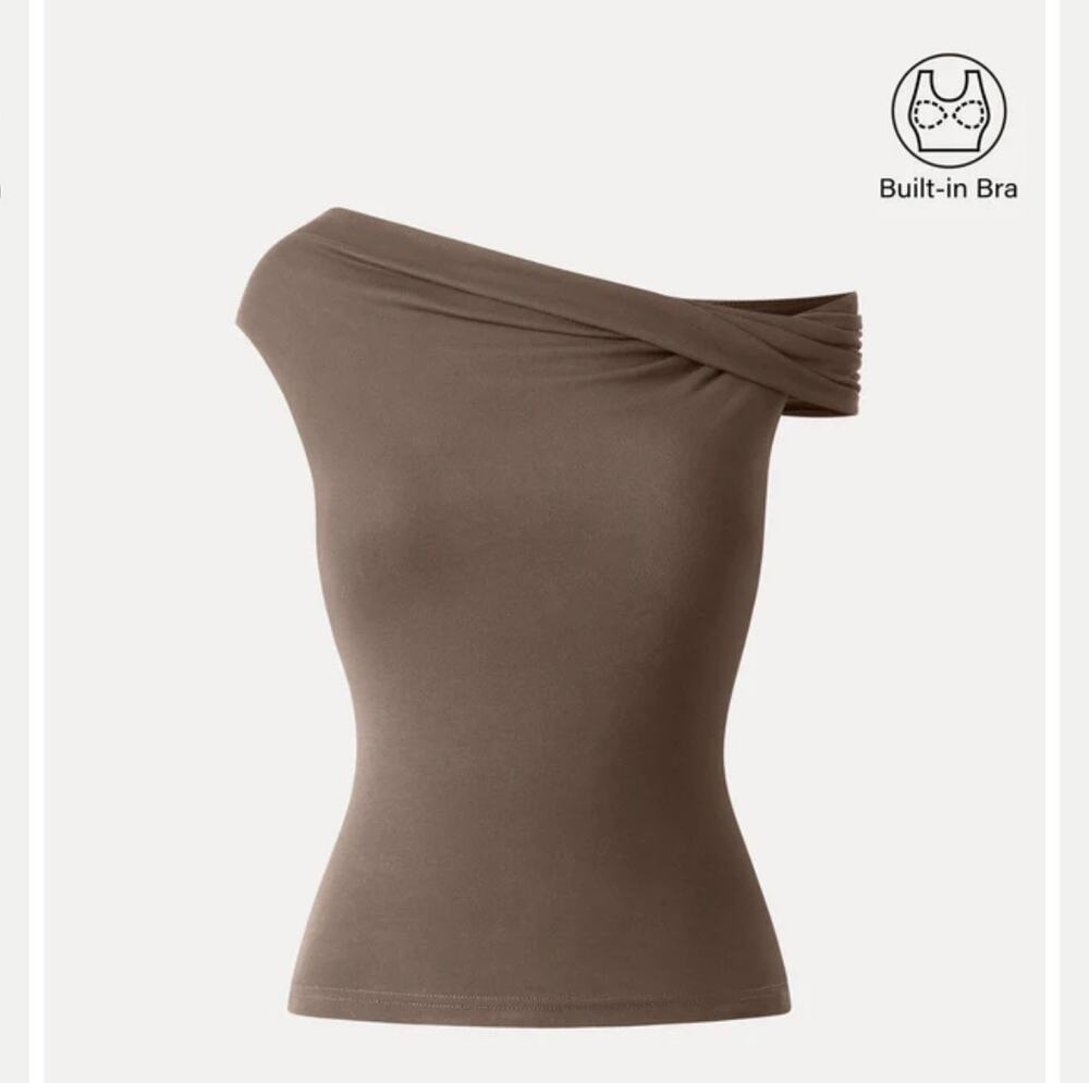 OGL Move Asymmetrical One Shoulder Built-In Bra Top Iced Mocha Brown Small New